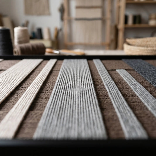 Macro detail of Umber Columns hand-woven textile art highlighting thick vertical grey, black, and cream yarn.