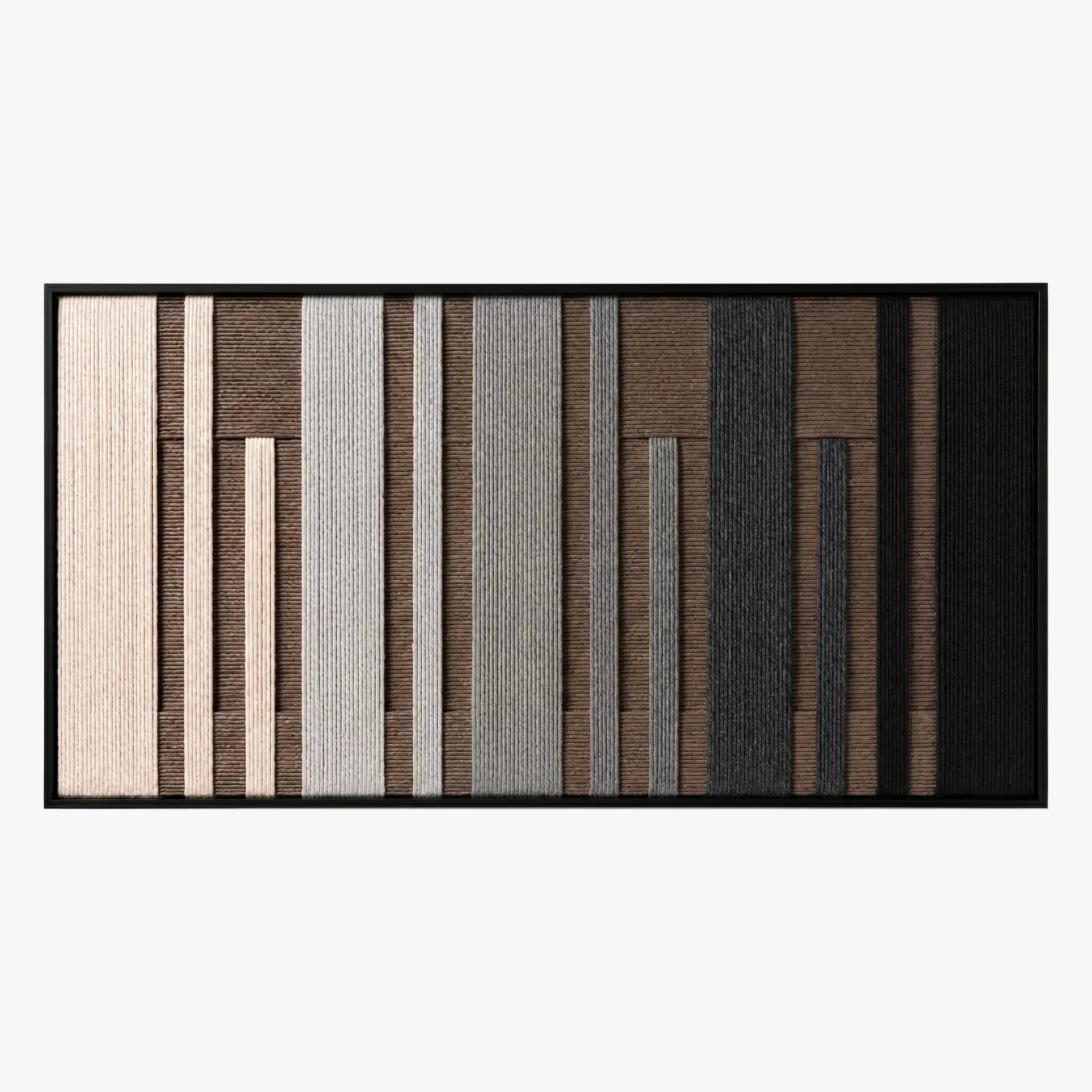 Front studio view of Umber Columns textured wall art featuring vertical grey, brown, black, and cream stripes in a black frame.