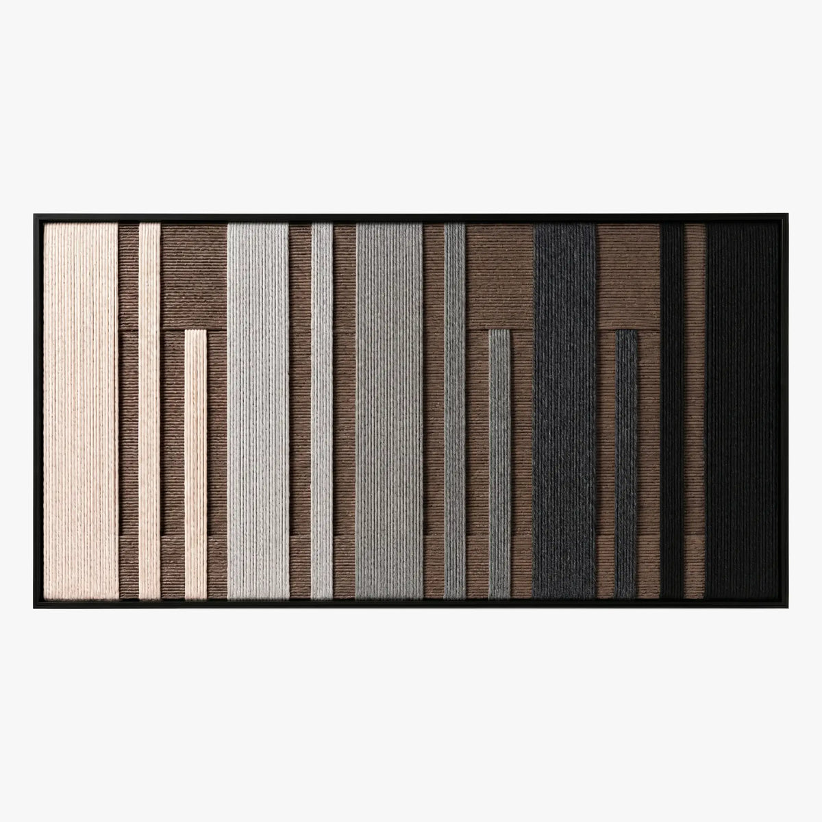 Front studio view of Umber Columns textured wall art featuring vertical grey, brown, black, and cream stripes in a black frame.