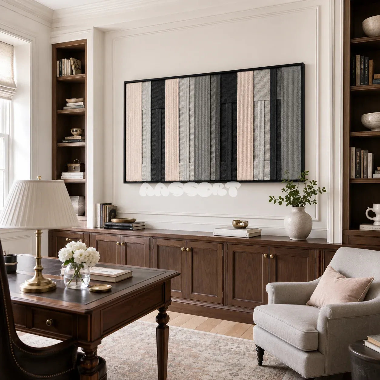 Ivory Structure tactile yarn wall decor bringing crisp cream, charcoal, and grey tones to a modern interior.