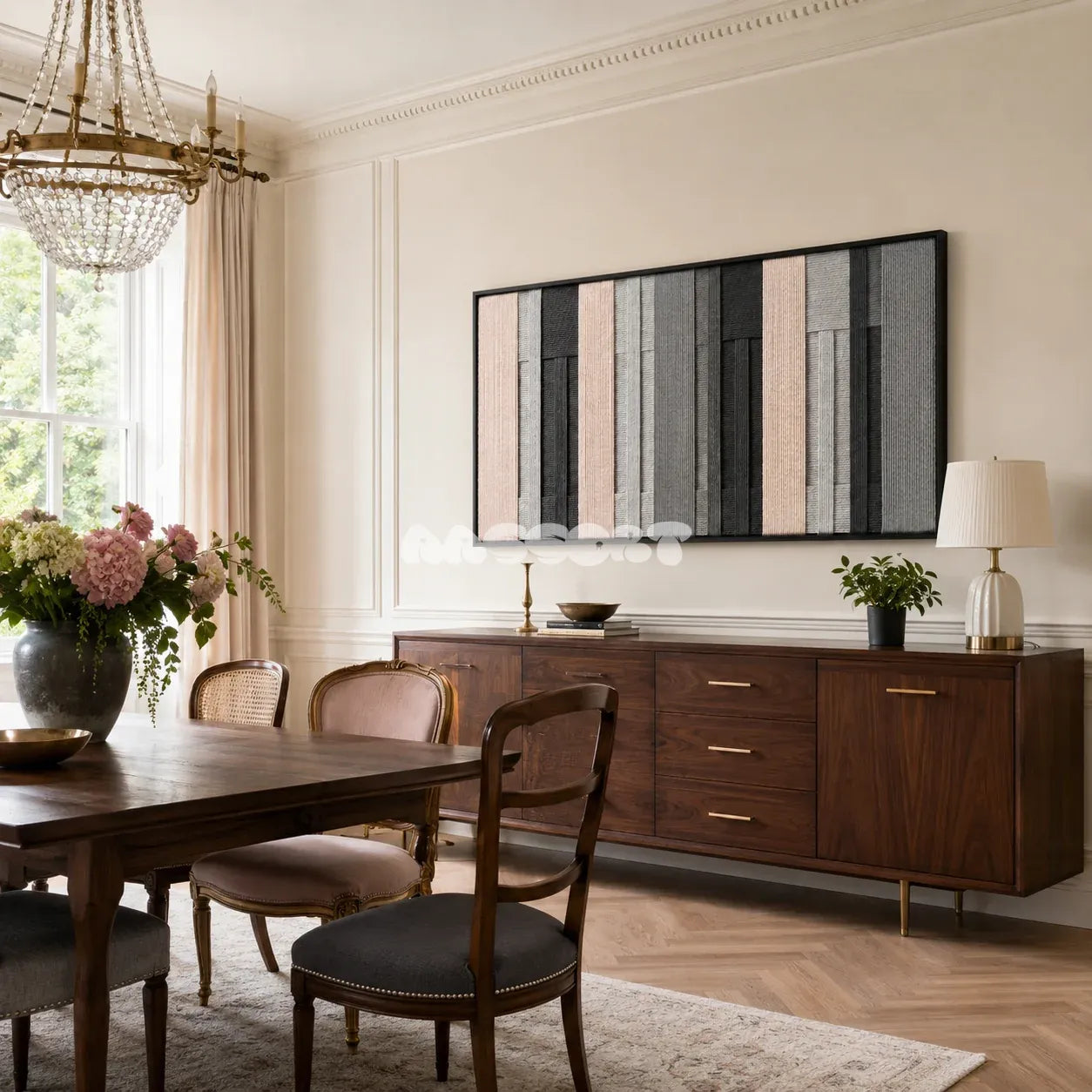 Ivory Structure soft cotton cord fiber art with bold monochrome geometry displayed in a neutral living space.