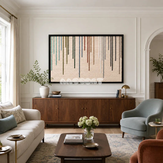 Chromatic Rain colorful textile wall art displayed in an airy modern-organic interior.