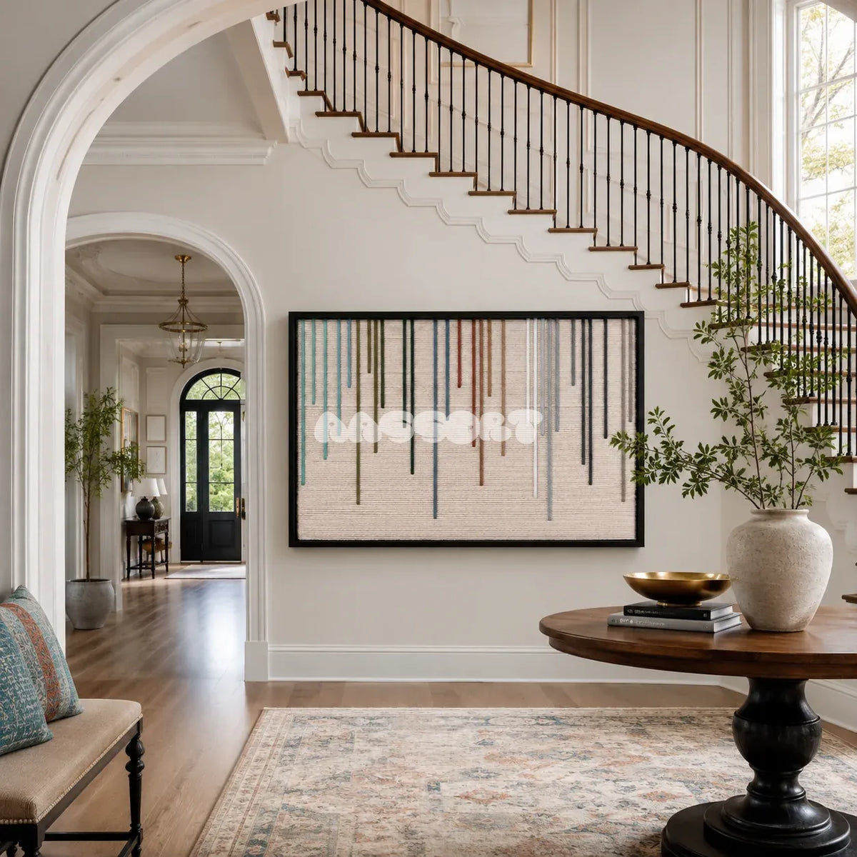 Chromatic Rain soft cotton cord fiber art with multicolor vertical drops displayed in a modern living space.