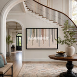 Chromatic Rain soft cotton cord fiber art with multicolor vertical drops displayed in a modern living space.