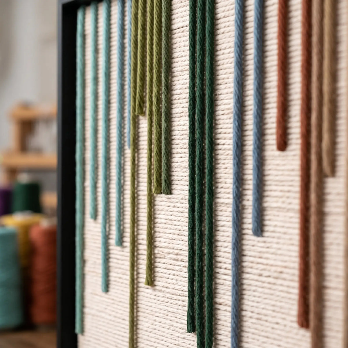 Macro detail of Chromatic Rain textured textile art showing raised green, blue, and terracotta yarn drops.