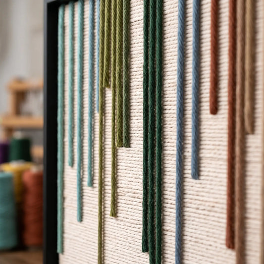 Macro detail of Chromatic Rain hand-woven textile art showing raised green, blue, and terracotta yarn drops.