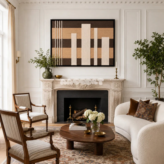 Canyon Whispers desert-inspired textile wall art displayed in a warm contemporary interior.