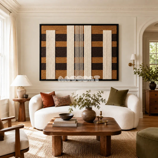 Forgotten Gateway cream and dark brown textile wall art displayed in a sophisticated modern interior.
