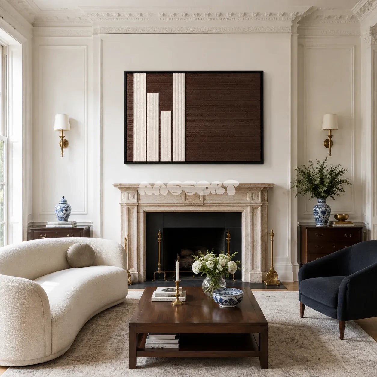 Timeless Trace cream and dark brown textile wall art displayed in a serene modern interior.