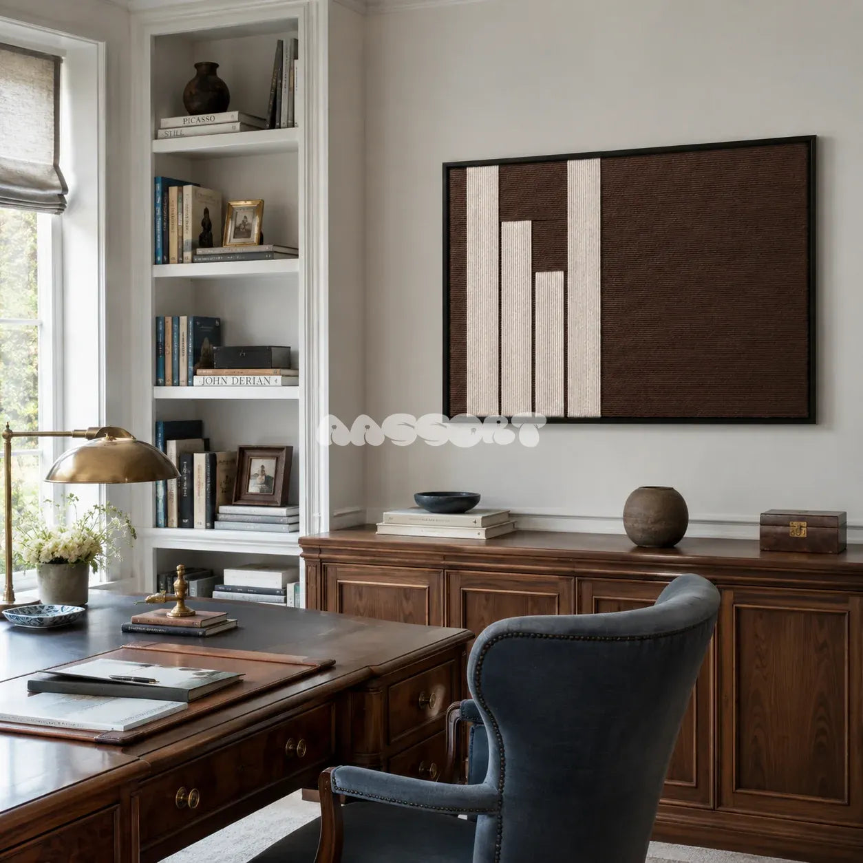 Framed Timeless Trace woven wall hanging with cream and brown geometric blocks in a refined neutral room.