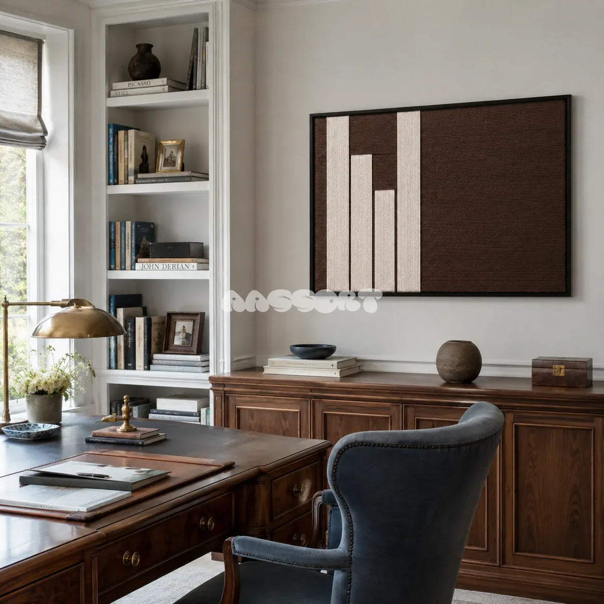 Framed Timeless Trace woven wall hanging with cream and brown geometric blocks in a refined neutral room.