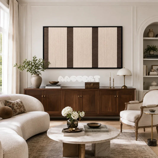 Eternal Colonnade cream and dark brown textile wall art displayed in a serene modern interior.