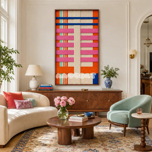 California Rhythm vibrant geometric textile wall art displayed in a playful coastal-modern interior.