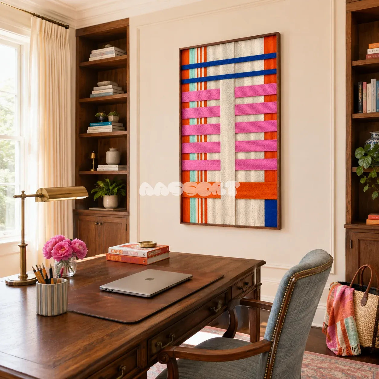 California Rhythm colorful fiber artwork styled as an energetic focal point in a contemporary home.
