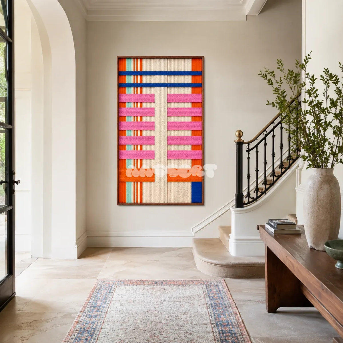 Framed California Rhythm woven wall hanging with neon pink, citrus orange, blue, and mint geometry in a modern room.