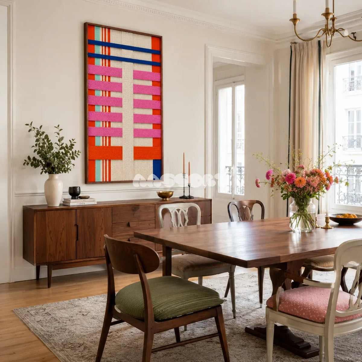 California Rhythm tactile yarn wall decor bringing bright West Coast color and movement to a refined interior.