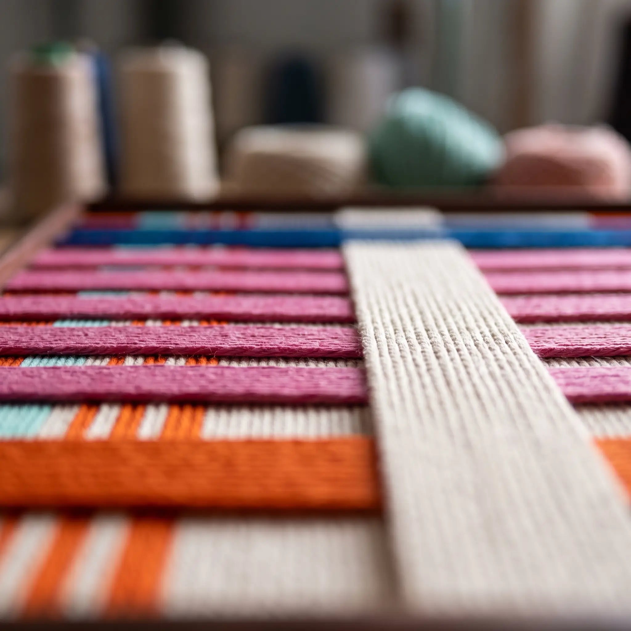 Macro detail of California Rhythm textured textile art highlighting colorful pink, orange, and cream yarn texture.