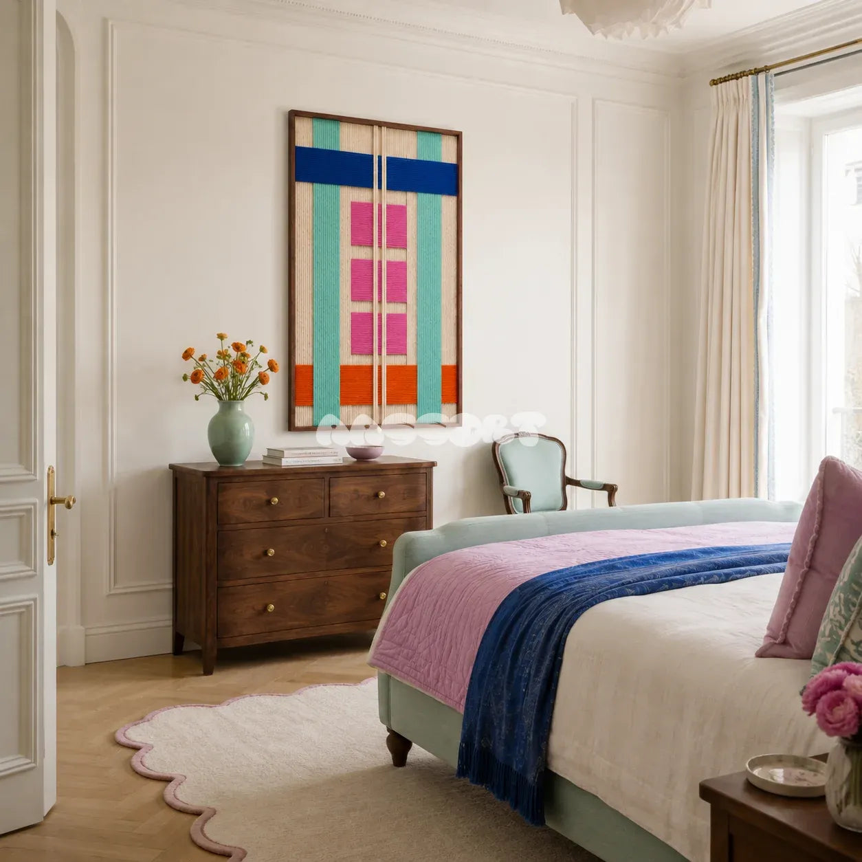 Vegas Strip soft cotton cord geometric fiber art displayed in a vibrant contemporary living space.