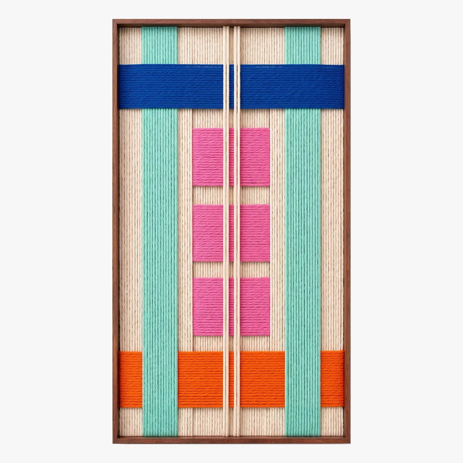 Front studio view of Vegas Strip rectangular textured wall art with neon pink, orange, blue, mint, and cream geometric patterns in a wooden frame.