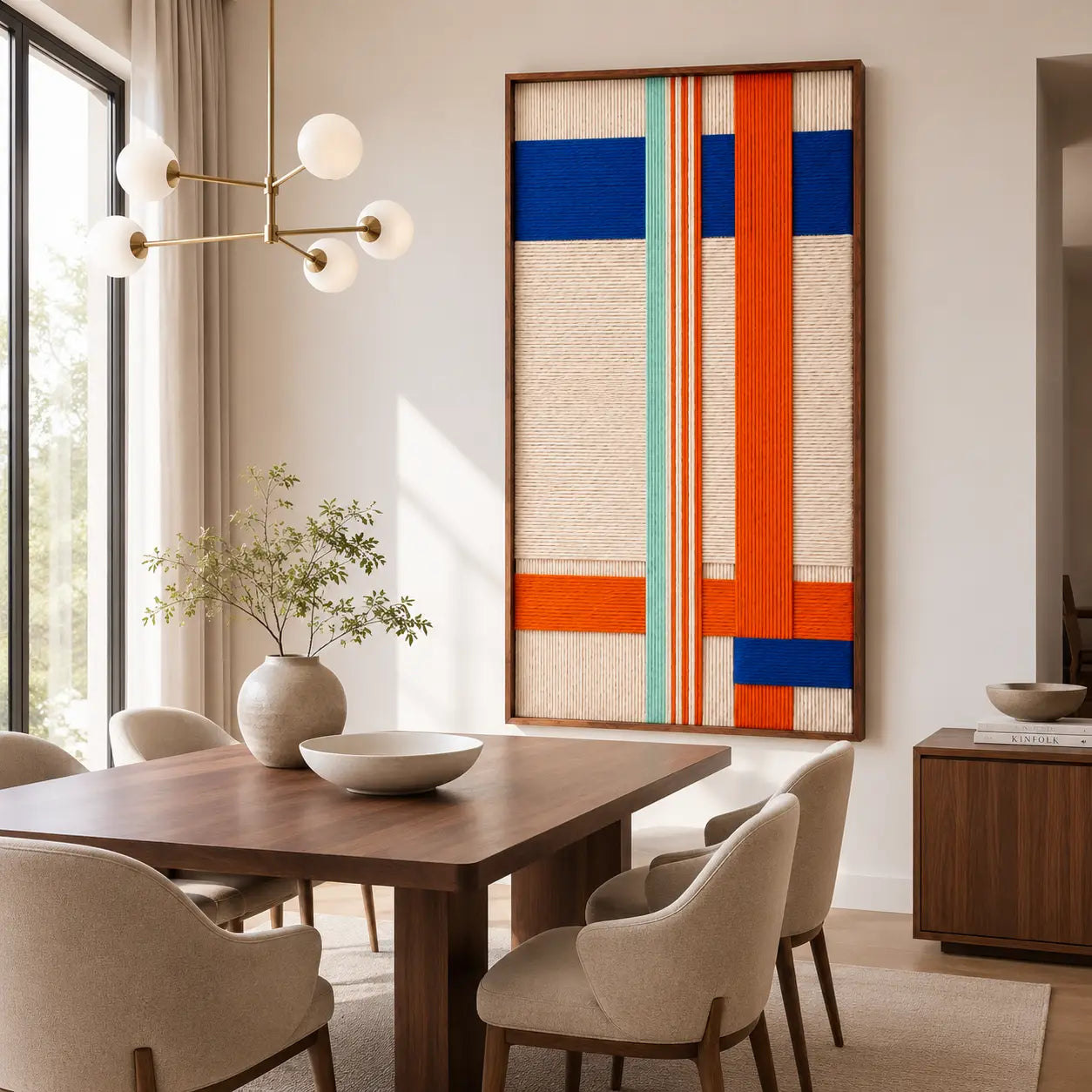 Midtown Rhythm framed textile wall art styled in a contemporary dining room as sophisticated modern wall decor.