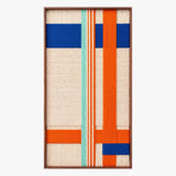 Isolated front view of Midtown Rhythm framed textile wall art featuring bold blue, orange, mint, and cream geometric patterns.