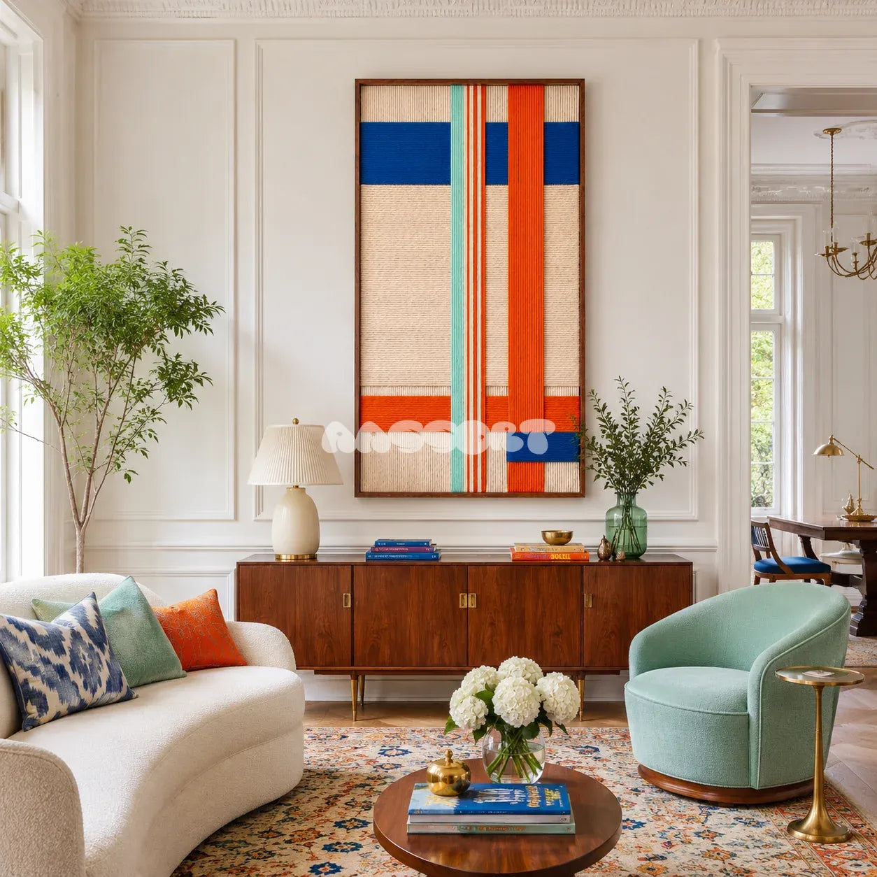 Midtown Rhythm vibrant geometric textile wall art displayed in an energetic urban-modern interior.