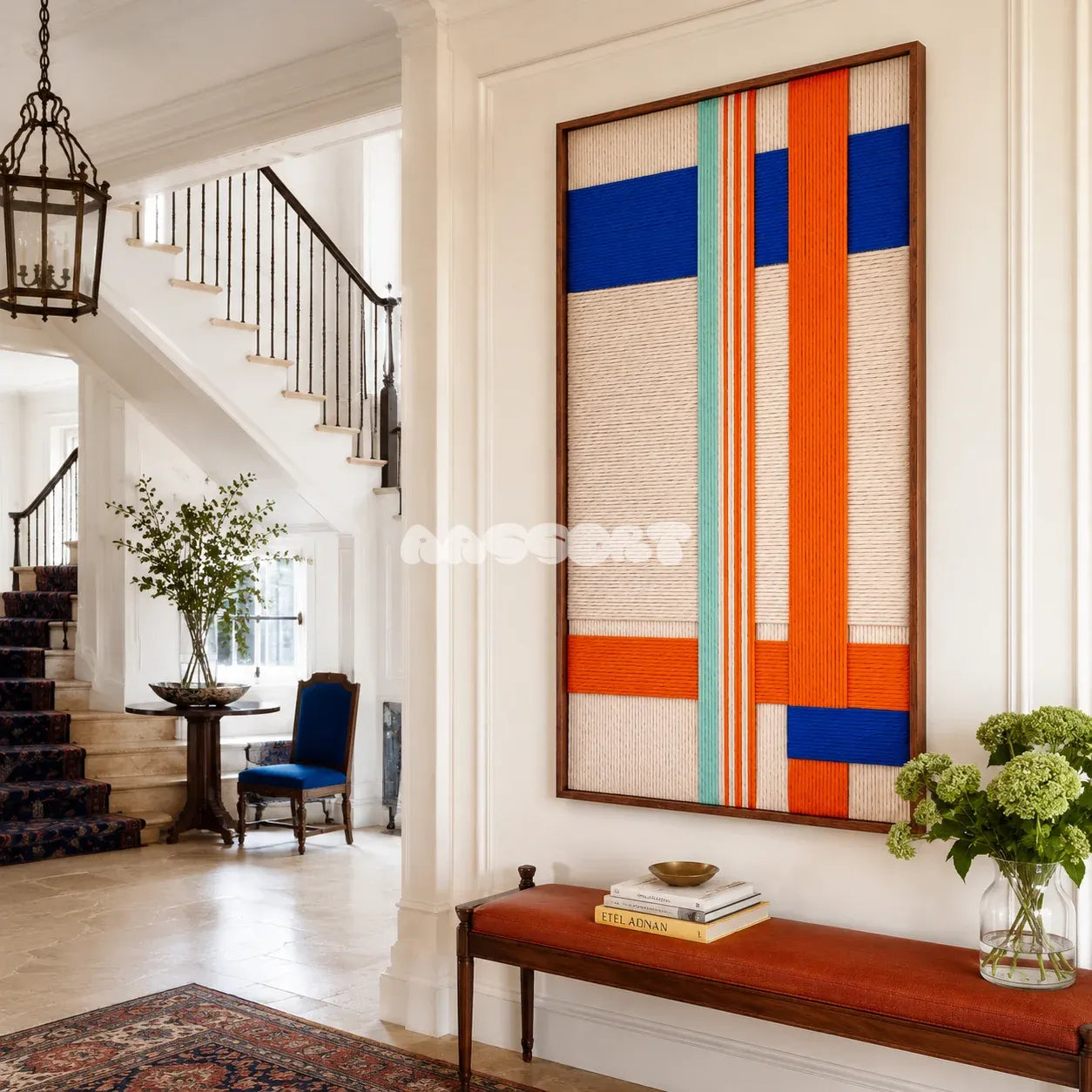 Midtown Rhythm colorful fiber artwork styled as an architectural focal point in a contemporary home.