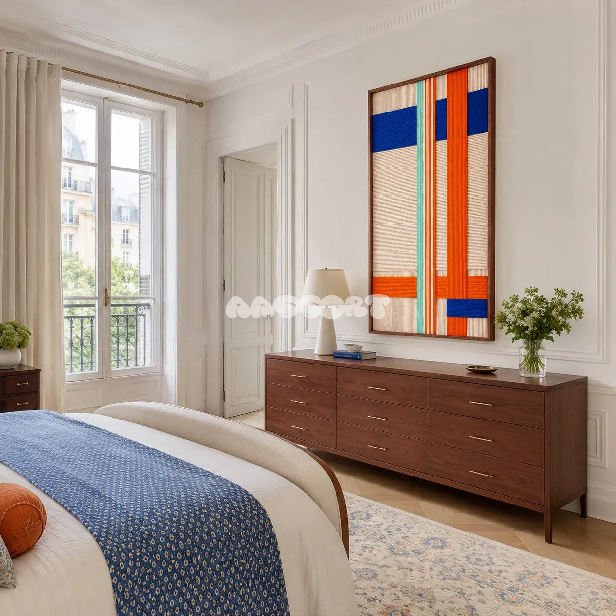 Framed Midtown Rhythm woven wall hanging with electric blue, citrus orange, mint, and cream geometry in a modern room.