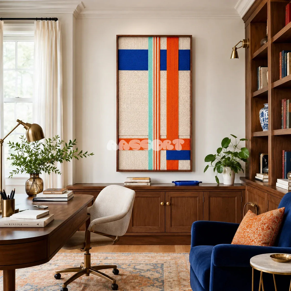 Midtown Rhythm tactile yarn wall decor bringing playful city energy and rhythmic structure to a refined interior.