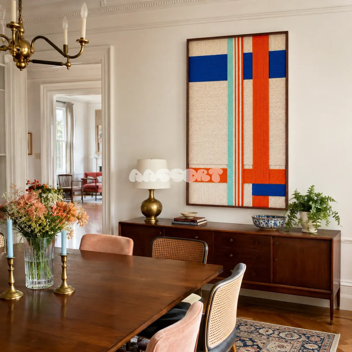 Midtown Rhythm hand-wrapped geometric fiber art displayed in a lively contemporary living space.