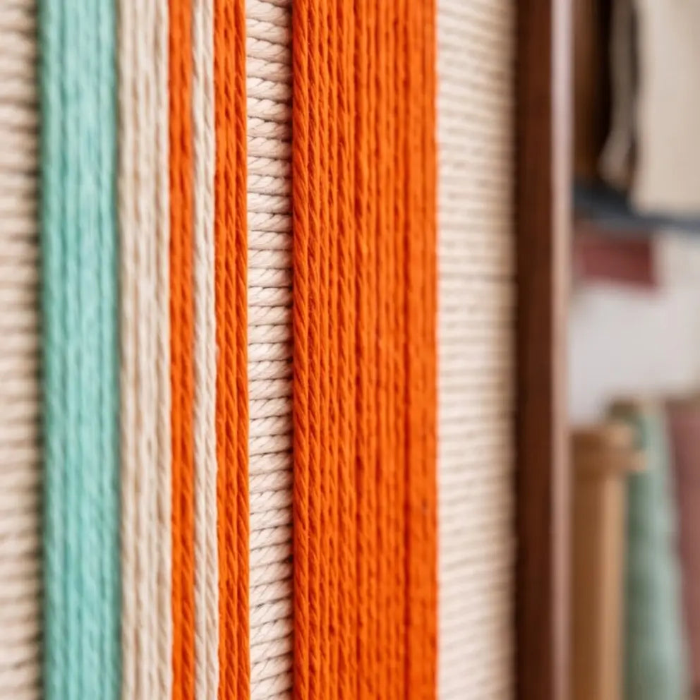 Macro detail of Midtown Rhythm hand-woven textile art showing vertical fiber lines in vibrant orange, teal, blue, and cream.
