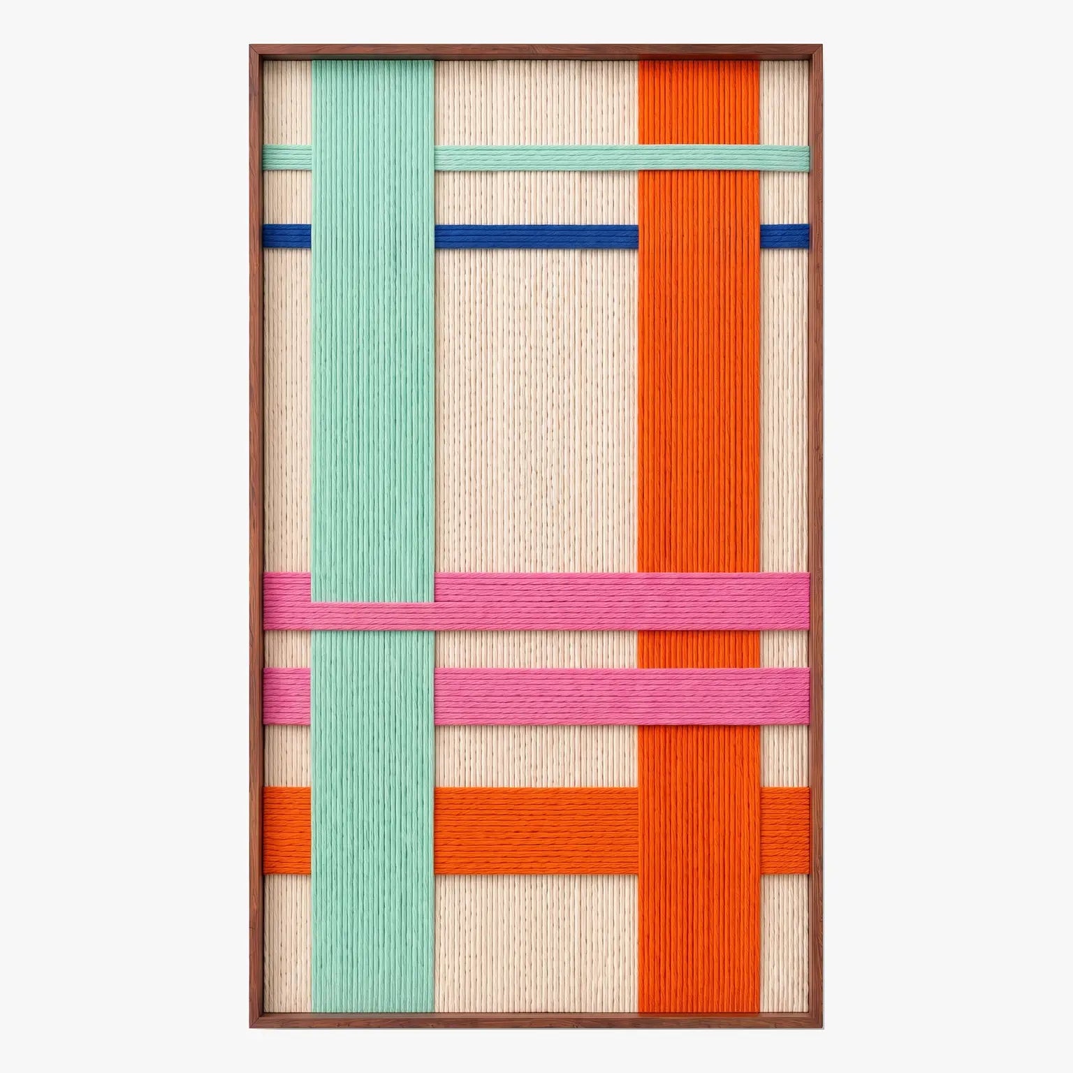 Isolated front product view of Pop Boulevard textured wall art with cream, teal, orange, pink, and blue geometric yarn structures in a sleek metal frame.