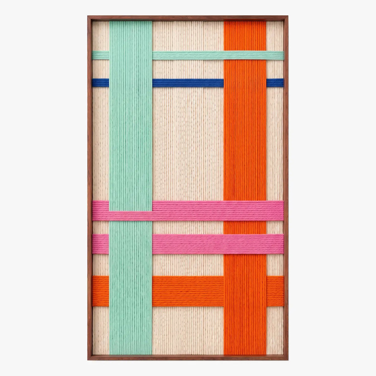 Isolated front product view of Pop Boulevard textured wall art with cream, teal, orange, pink, and blue geometric yarn structures in a sleek metal frame.