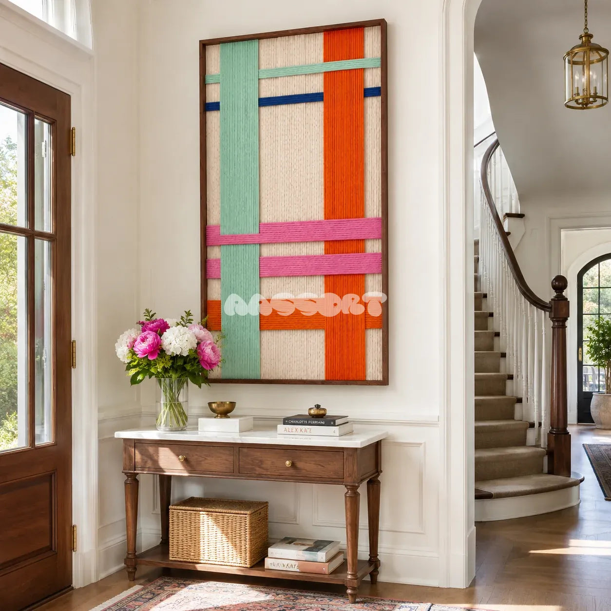Pop Boulevard tactile yarn wall decor bringing dynamic color and urban rhythm to a modern interior.