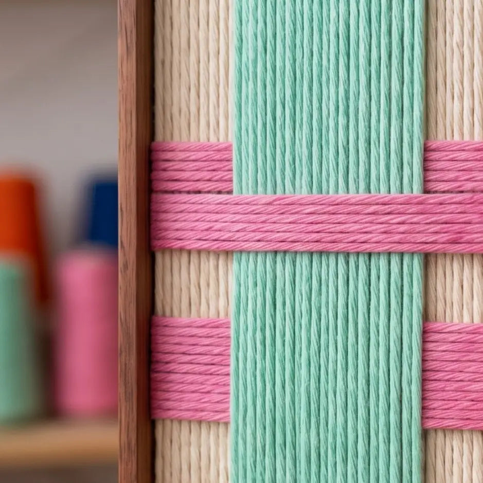 Detailed view of Pop Boulevard textured wall art featuring vertical teal yarn crossed by pink horizontal bands in a sleek metal frame.
