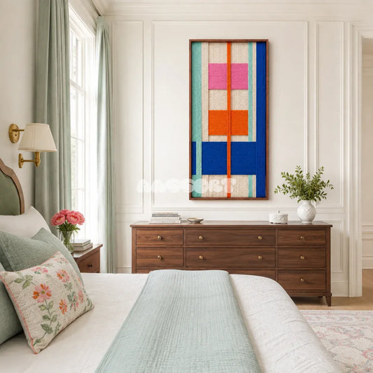 Broadway Blocks colorful geometric textile wall art displayed in a bold modern interior.