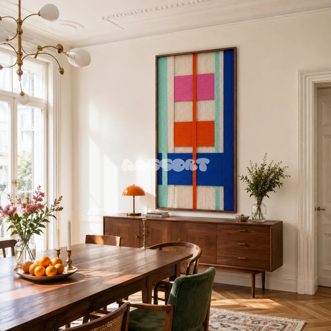 Broadway Blocks vibrant fiber artwork styled as an energetic urban focal point in a contemporary home.