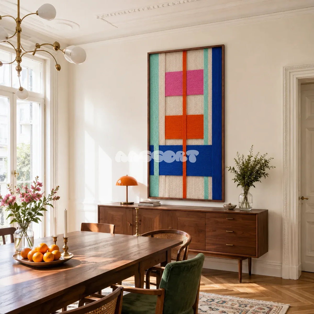 Broadway Blocks vibrant fiber artwork styled as an energetic urban focal point in a contemporary home.