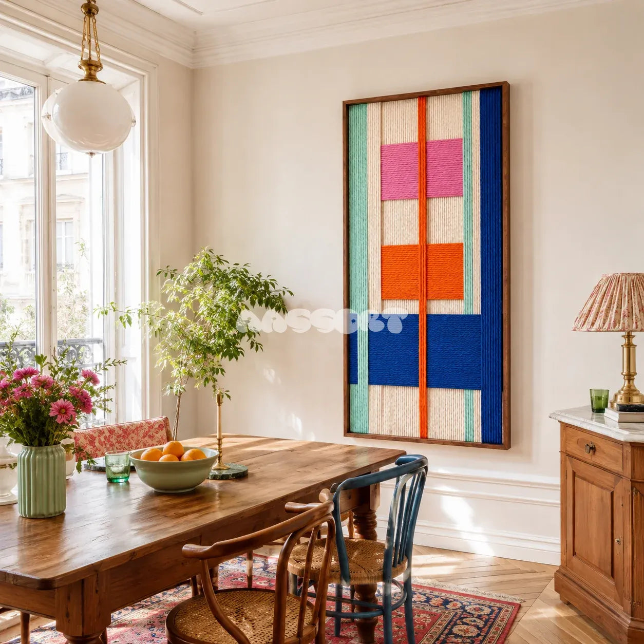Framed Broadway Blocks woven wall hanging with blue, hot pink, orange, mint, and cream geometry in a refined room.