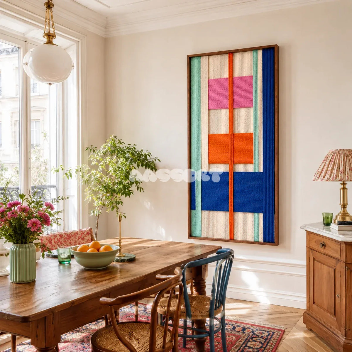 Framed Broadway Blocks woven wall hanging with blue, hot pink, orange, mint, and cream geometry in a refined room.