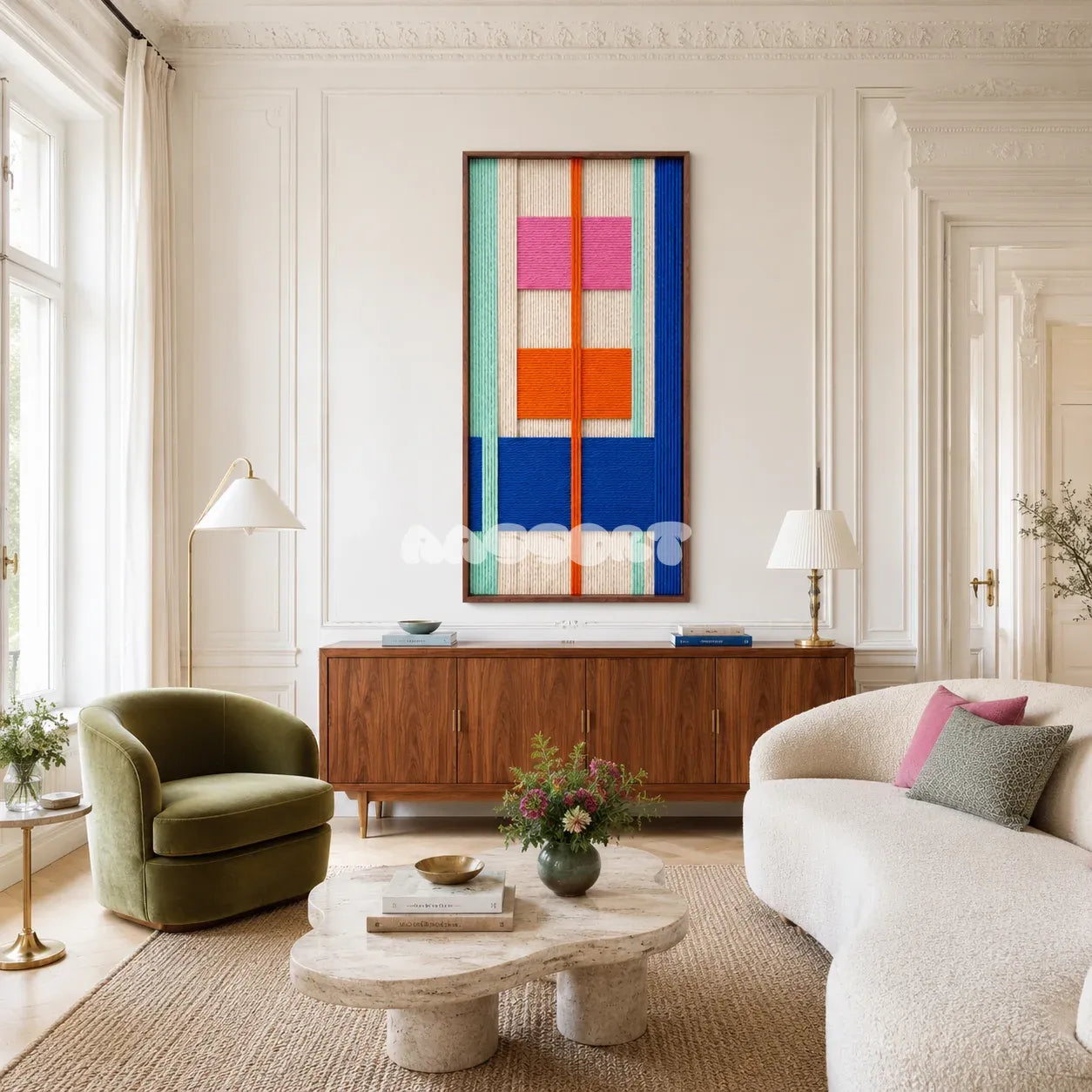 Broadway Blocks soft cotton cord geometric fiber art displayed in a lively contemporary living space.