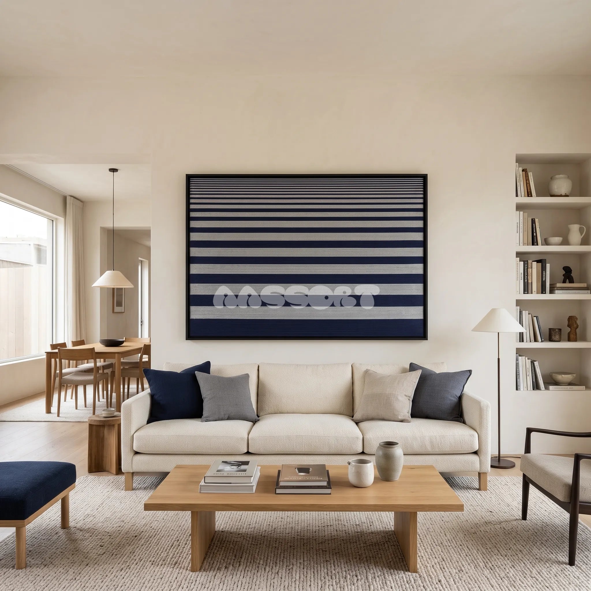View of Linear Gradient framed textile wall art, featuring navy blue and light grey horizontal cotton cord stripes graduating from fine to broad bands.