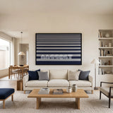 View of Linear Gradient framed textile wall art, featuring navy blue and light grey horizontal cotton cord stripes graduating from fine to broad bands.