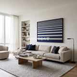 View of Linear Gradient framed textile wall art, featuring navy blue and light grey horizontal cotton cord stripes graduating from fine to broad bands.
