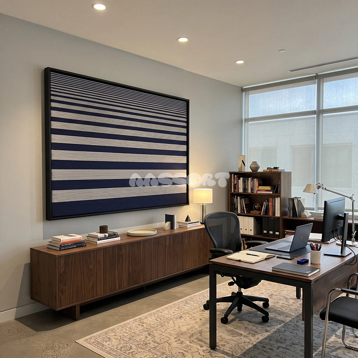 View of Linear Gradient framed textile wall art, featuring navy blue and light grey horizontal cotton cord stripes graduating from fine to broad bands.