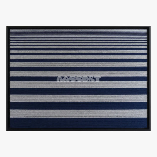 Linear Gradient framed textile wall art, featuring navy blue and light grey horizontal cotton cord stripes graduating from fine to broad bands.