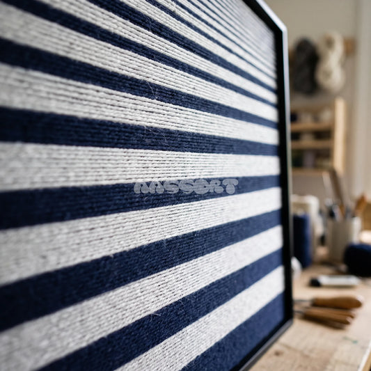 Detail of Linear Gradient framed textile wall art, featuring navy blue and light grey horizontal cotton cord stripes graduating from fine to broad bands.