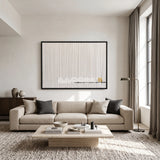 View of Last Note framed textile wall art, featuring ivory vertical cotton cord strands with a thin black line and a small golden ochre accent.