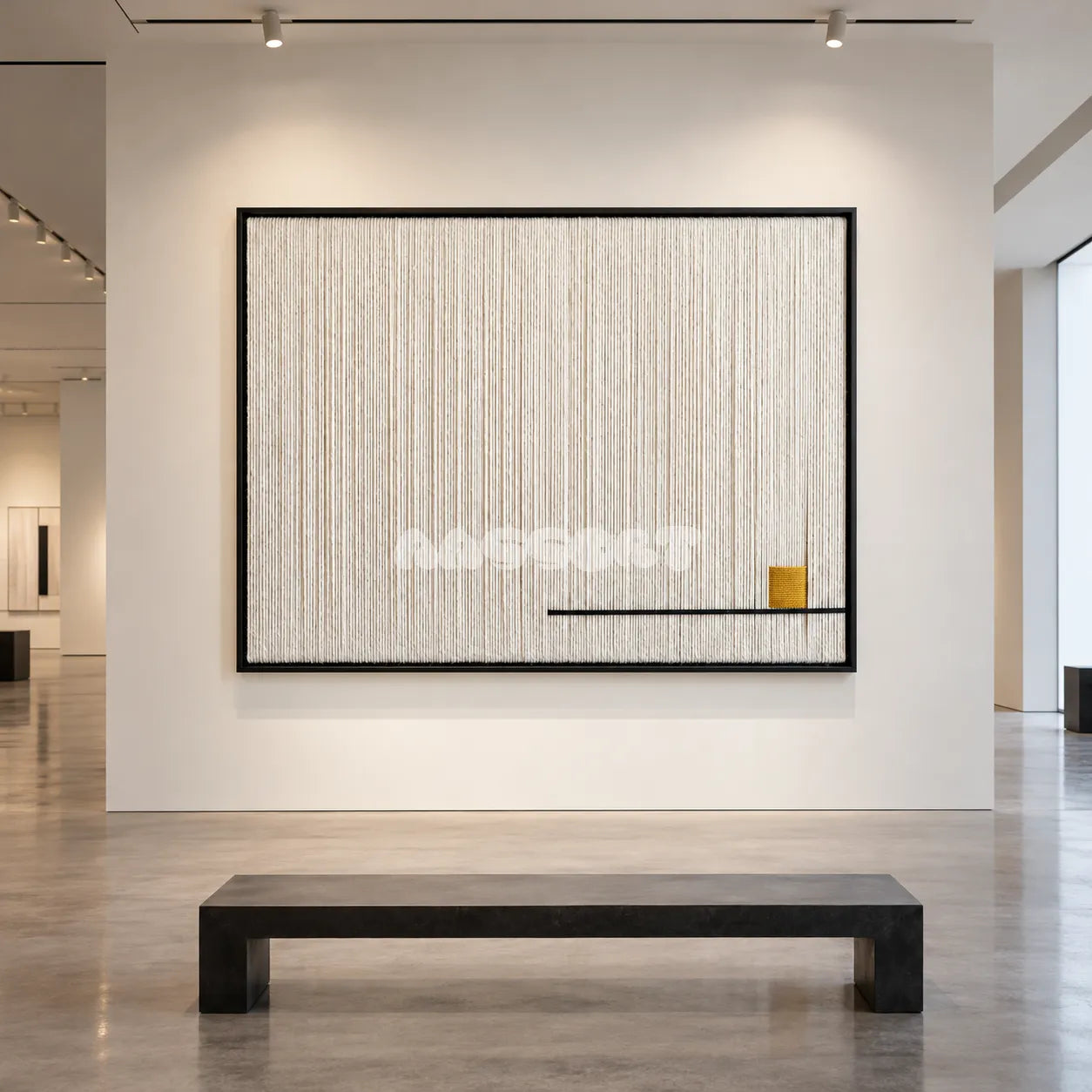 View of Last Note framed textile wall art, featuring ivory vertical cotton cord strands with a thin black line and a small golden ochre accent.