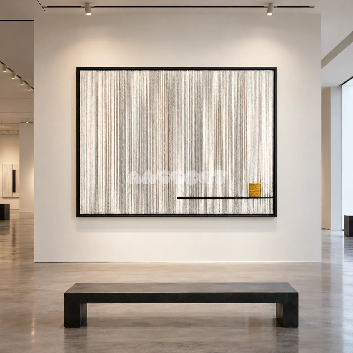 View of Last Note framed textile wall art, featuring ivory vertical cotton cord strands with a thin black line and a small golden ochre accent.